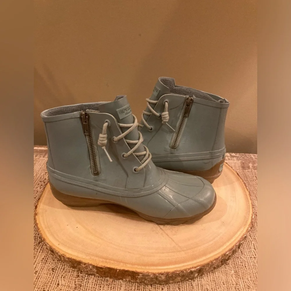 Sperry Salt Water Mint Green‎ Rain Boots Booties Sz 6.5 Side Zip Boots Prep